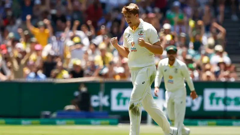 Cameron Green celebrates taking a wicket for Australia vs West Indies