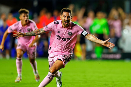 Lionel Messi celebrates a goal for Inter Miami vs Nashville during an MLS match