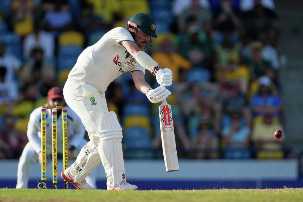 Travis Head takes guard during a Test match between Australia vs West Indies