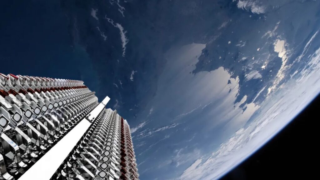 Starlink satellites being deployed in orbit after a SpaceX launch.